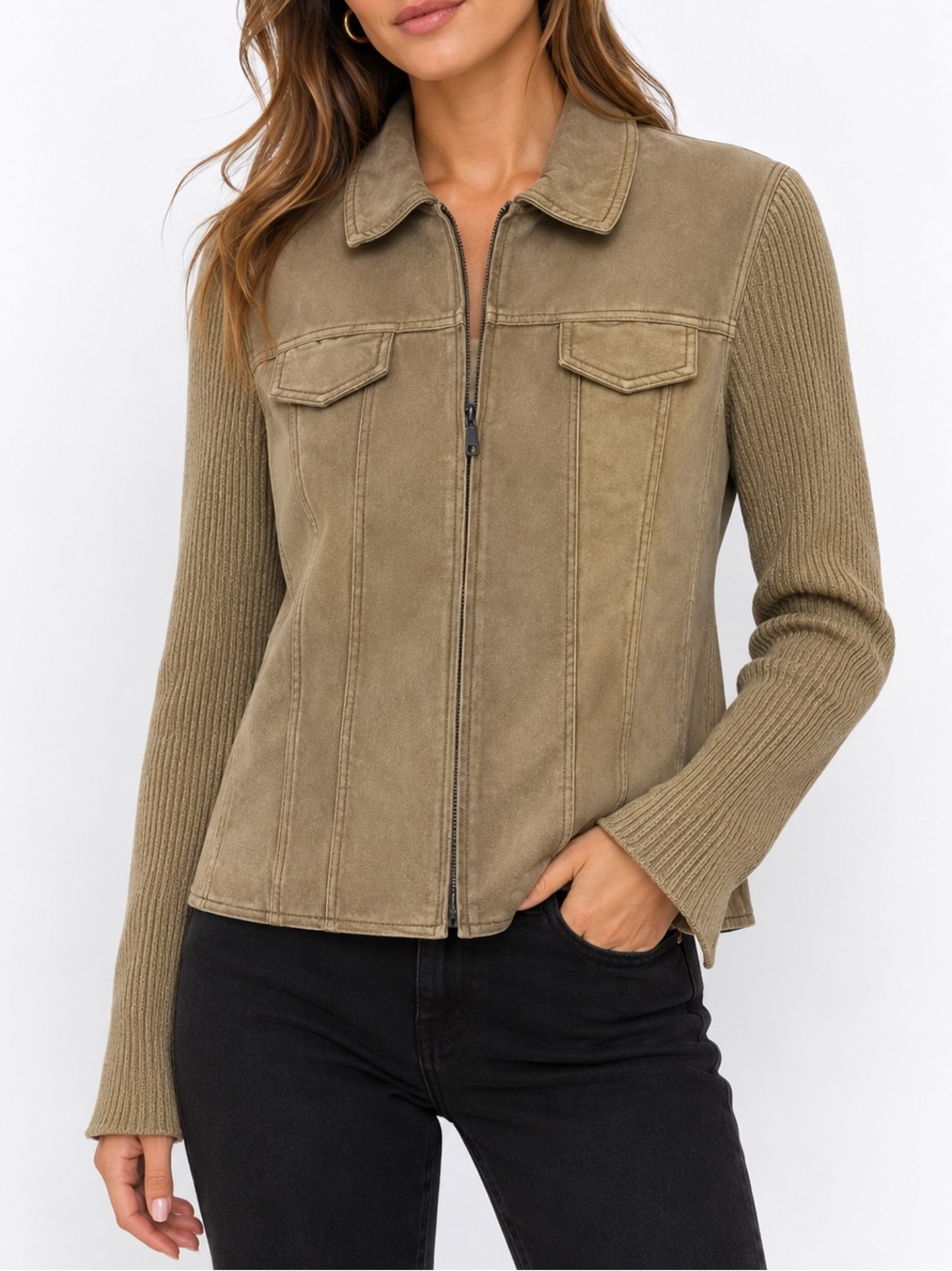 Coldwater Creek Tan Genuine Suede Leather Leather Jacket Ribbed Sleeves Beige 12